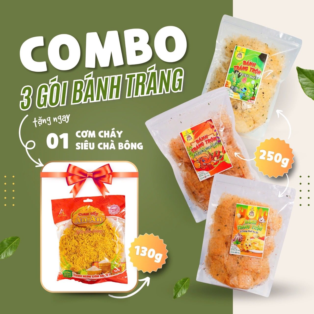 Combo 3 Gói Bánh Tráng Trộn 250g Tặng Cơm Cháy Siêu Chà Bông An An