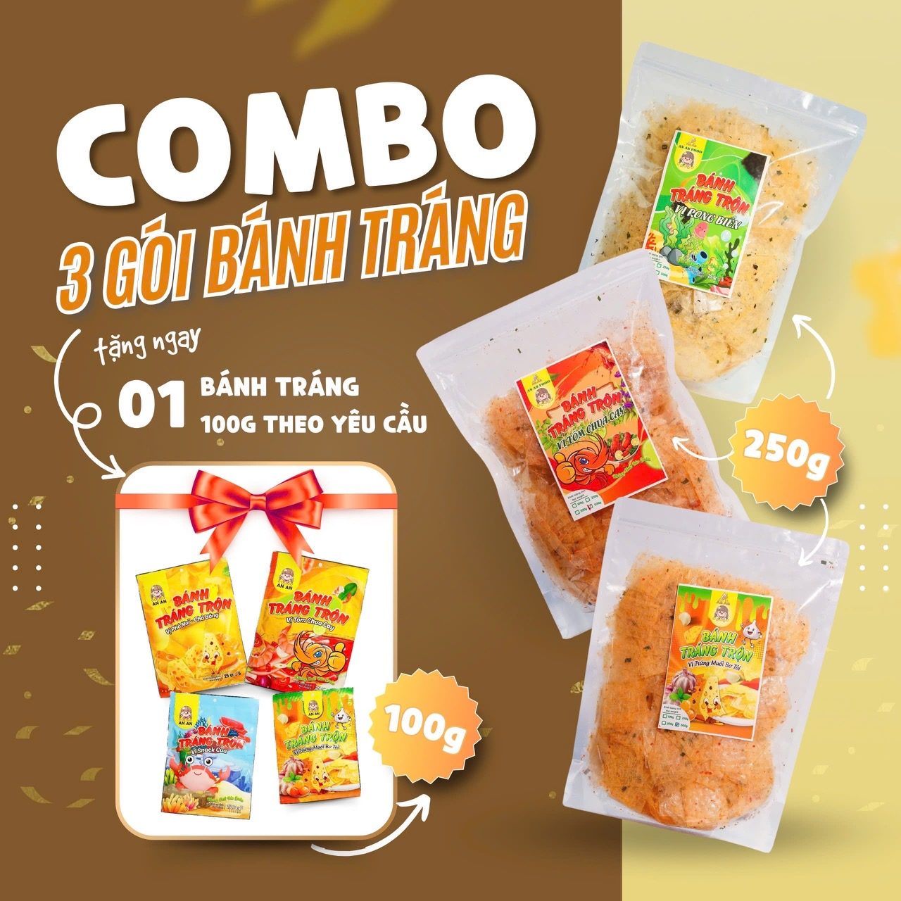 Combo 3 Gói Bánh Tráng Trộn 250g Tặng 1 Gói Bánh Tráng 100g An An